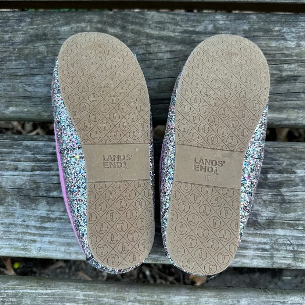 Lands End Girls Pink Glitter Faux Fur Moccasin‎ Slippers Multi Color Size 5